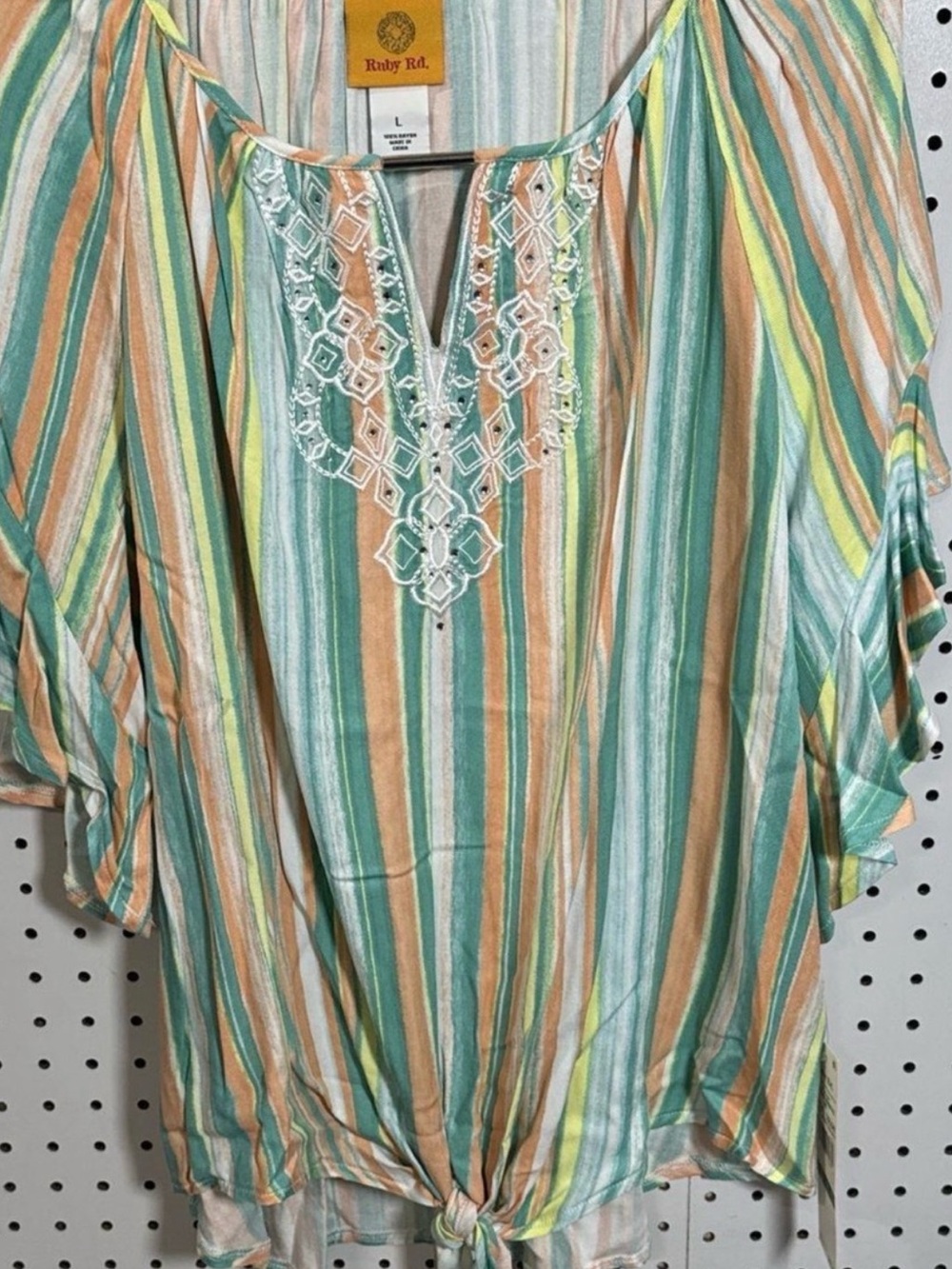 Rudy R. Striped Tie Front Boho Blouse Women's Top in Teal, Peach & White NWT- L